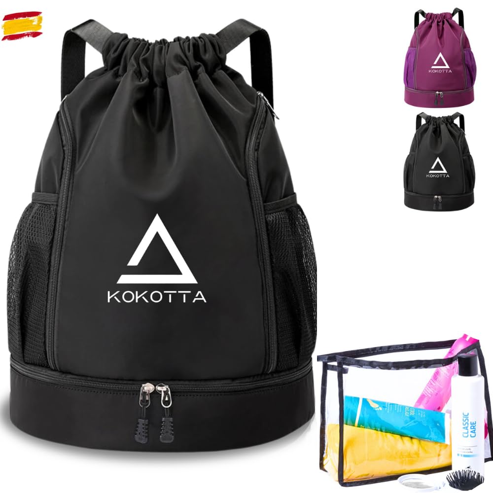 Mochila cuerdas deporte impermeable - NECESER DE REGALO - mochila gym, bolsa gimnasio deportiva, fitness, entrenamiento, yoga, playa, senderismo, compartimento para zapatos, bolsillos, hombre, mujer