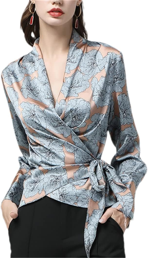 Satin Ladies Blouse Flowers Printed V-Neck Top Blouses with Belt Lady Cardigan Shirts
