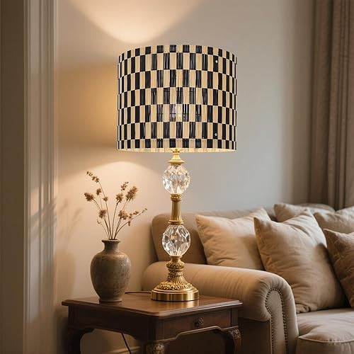 Miniatura 4 de Pantalla moderna de bambú con figura geométrica decorativa de rejilla negra, groovy única, accesorios de repuesto de lámpara E27 (11.81 pulgadas)