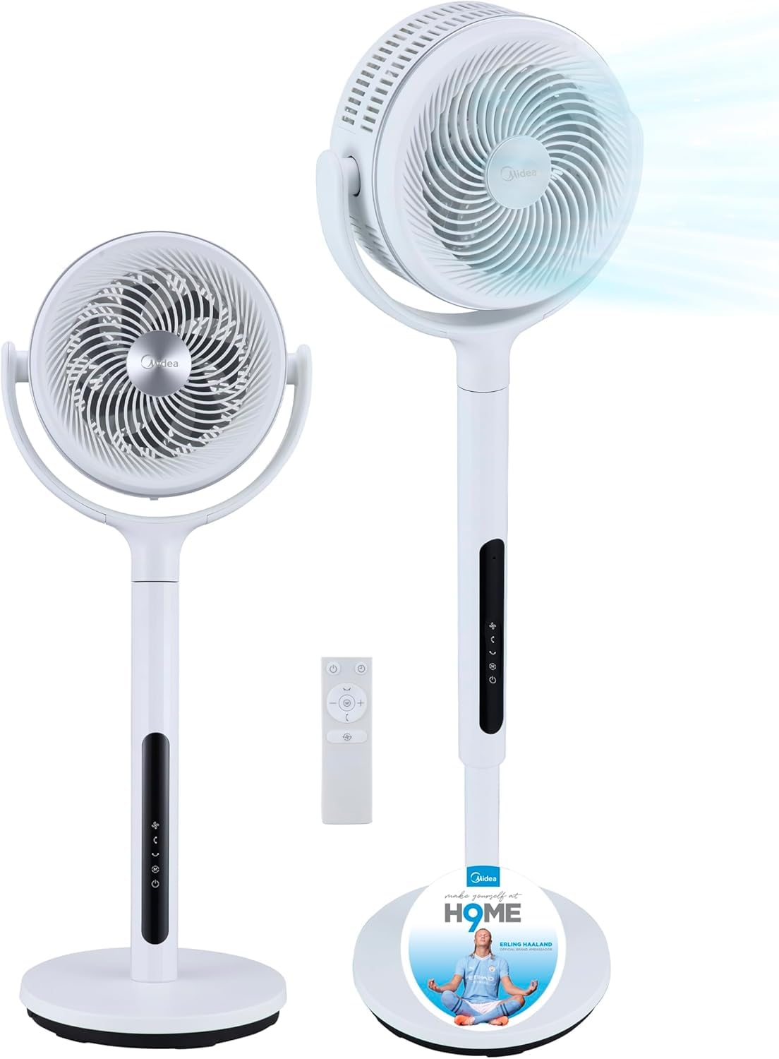 Midea MCF25GRW Ventilatore a Piantana Silenzioso 21db, 135°+120° Omnidirezionale Oscillazione, Motore DC & Doppia Lama, 12 Velocità & 24m Distanza, Timer 15H con Telecomando, Altezza Regolabile