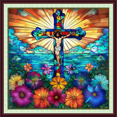 Image of Foxhool Stamped Cross Stitch Kits,11CT Printed Cross Stitch Pattern Full Embroidery Kits for Beginner Needlepoint Kits-The Cross of Jesus 18x18 inchs