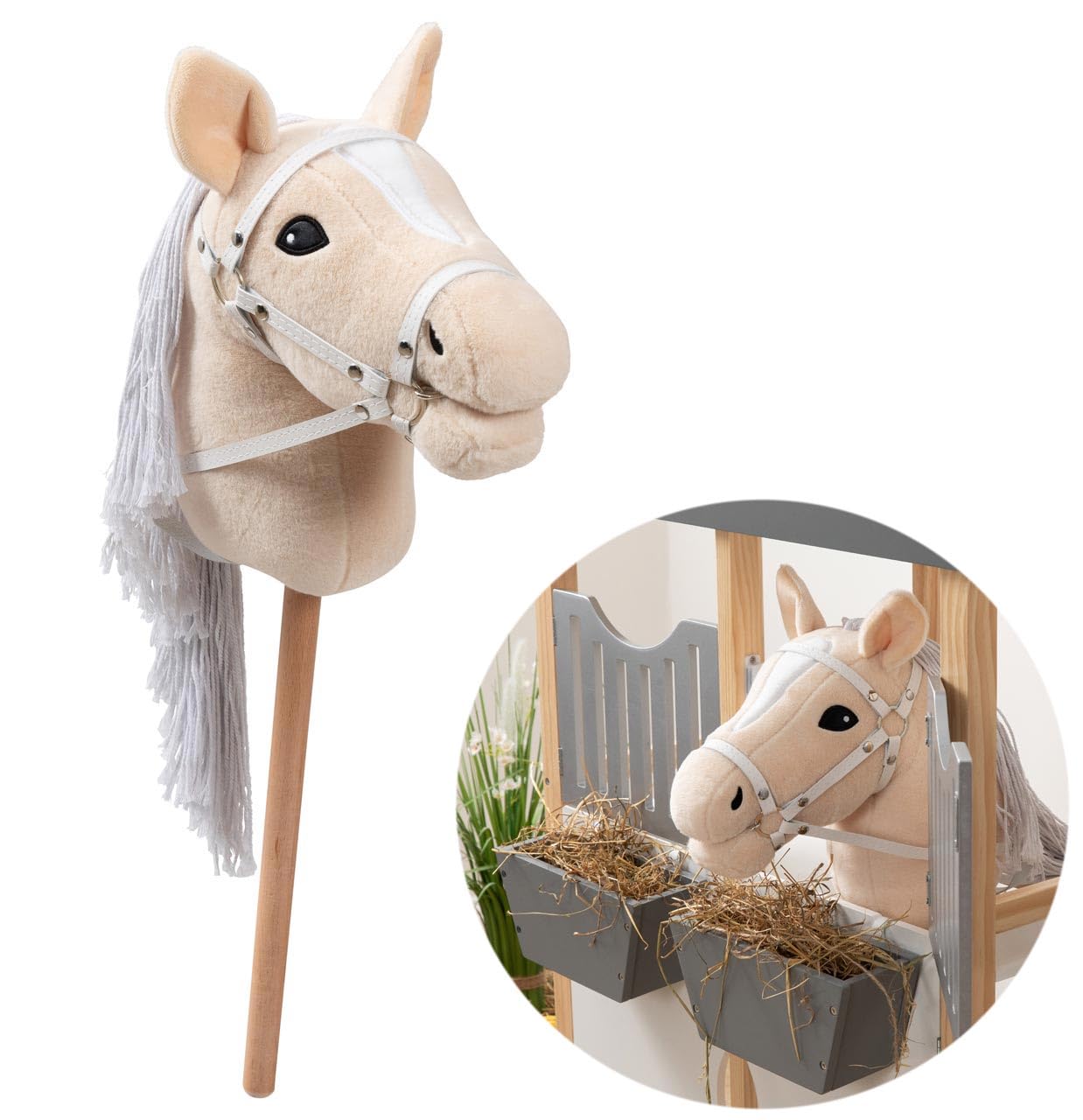 Ella & Piet® Hobby Horse Pferd Toffee mit Trense und Aufbewahrungsbeutel Steckenpferd Springpferd Spielpferd weicher Plüsch Größe wie A4 (Beige)