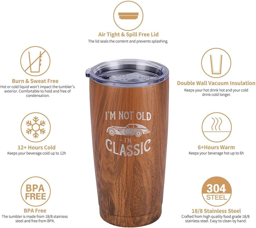 Funny Tumbler - Birthday or Retirement Gifts for Senior Citizens - Insulated Stainless Steel Vacuum Tumbler - Gag Gifts for Dad, Grandpa, Uncle, Brother Birthday Wood (I'm Not Old) - Image 2