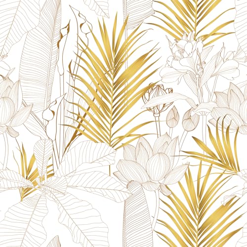 VEELIKE Papel Pintado Hojas Doradas Bohemio Papel Pintado Hojas Palmeras Exóticas Vinilo Decorativo Flores Loto Dorado Vinilos para Pared Estampado Botánico Fotomurale Dormitorio Baño 44,5cmx300cm