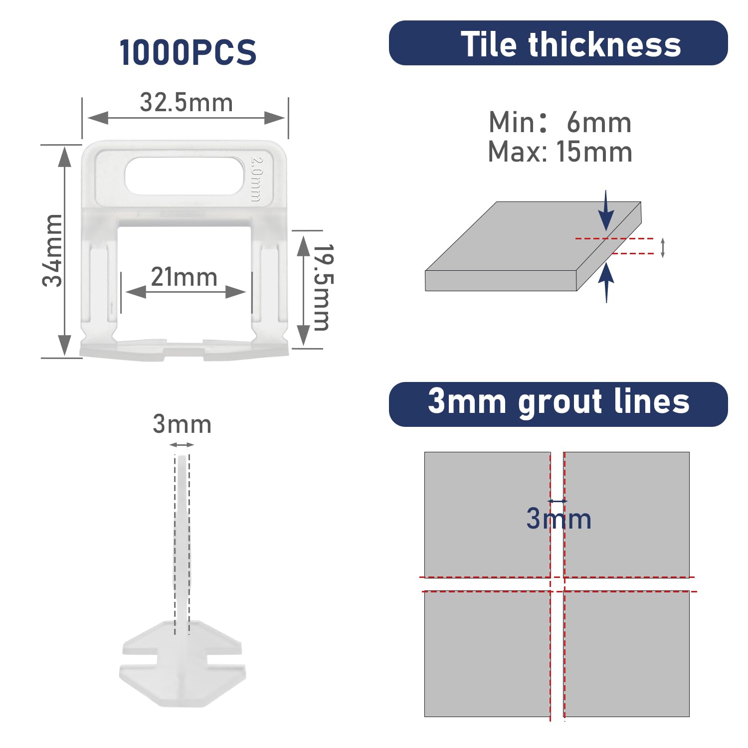 ZOLGINAH Sistema di Livellamento per Piastrelle,1000 Pezzi di Inserti per Piastrelle da 3mm