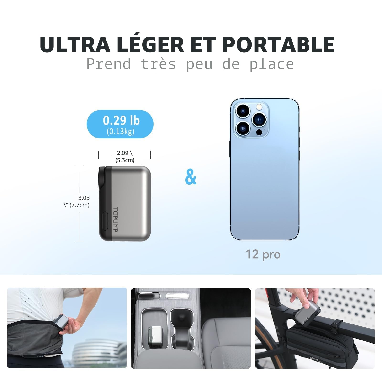 TOPUMP Mini Pompe vélo électrique, Ultra Petite Pompe à Batterie 120PSI avec Manomètre pour Vélo de Course, VTT et Ville - Valve Presta et Schrader, Arrêt Automatique