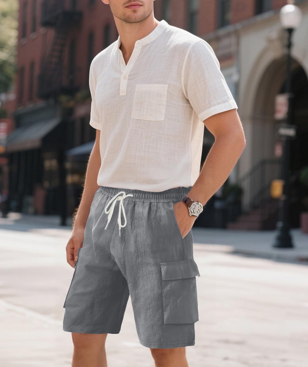 Short Cargo Homme en Lin Léger Taille Élastique 4 Poches | Cordon de serrage, short bermuda homme,coupe ample