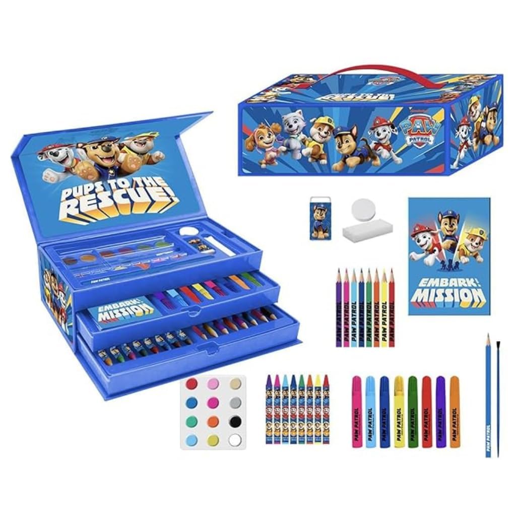 Paw Patrol Art Set for Kids | 52-Piece Colouring Stationery Suitcase with Markers, Crayons, Pencils & More | Paw Patrol Creative Art Briefcase for Drawing & Coloring Fun
