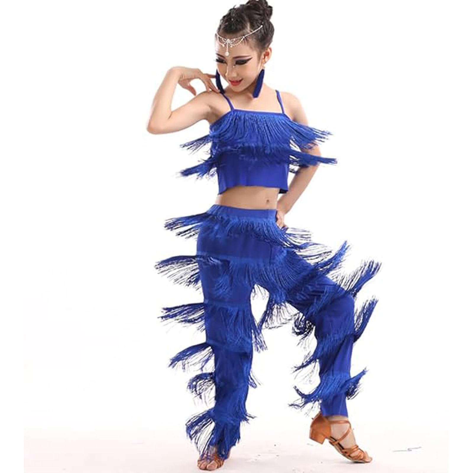 Vestito Ballo Latino Americano Bambina Set 3 Pezzi Top Senza Maniche con Pantaloni a Frange e Orecchini Costume Danza Vestiti Ballerine Abbigliamento Completo da Pratica per Cha Cha Esibizione