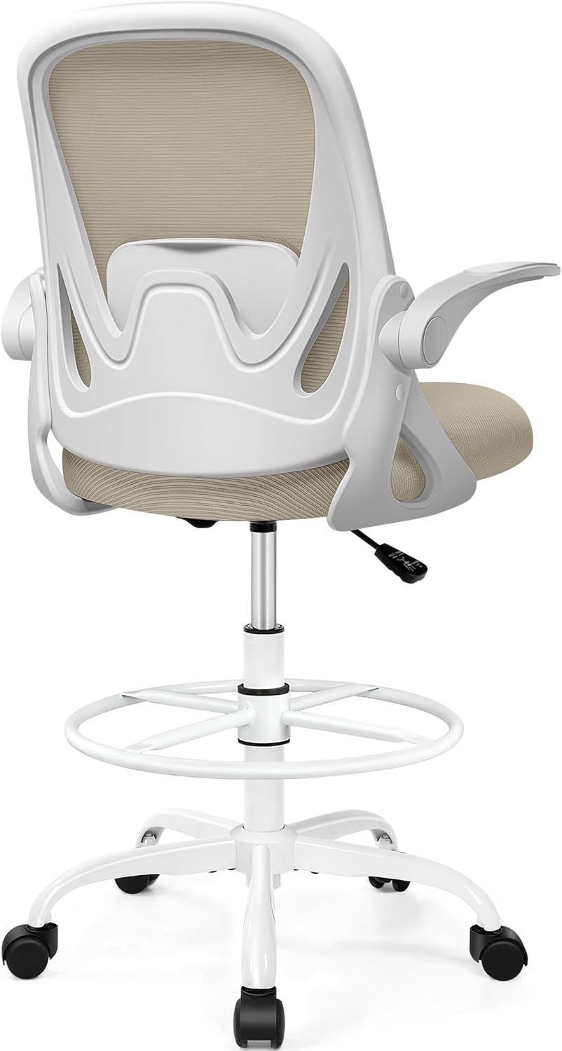Drafting Chair Tall Office Chair with Flip-up Armrests, Adjustable Height, and Enhanced Lumbar Support - Ergonomic Rolling Stool, Back Support, and Adjustable Foot Rest Ring for Standing Desk Khaki 934W-Z Khaki