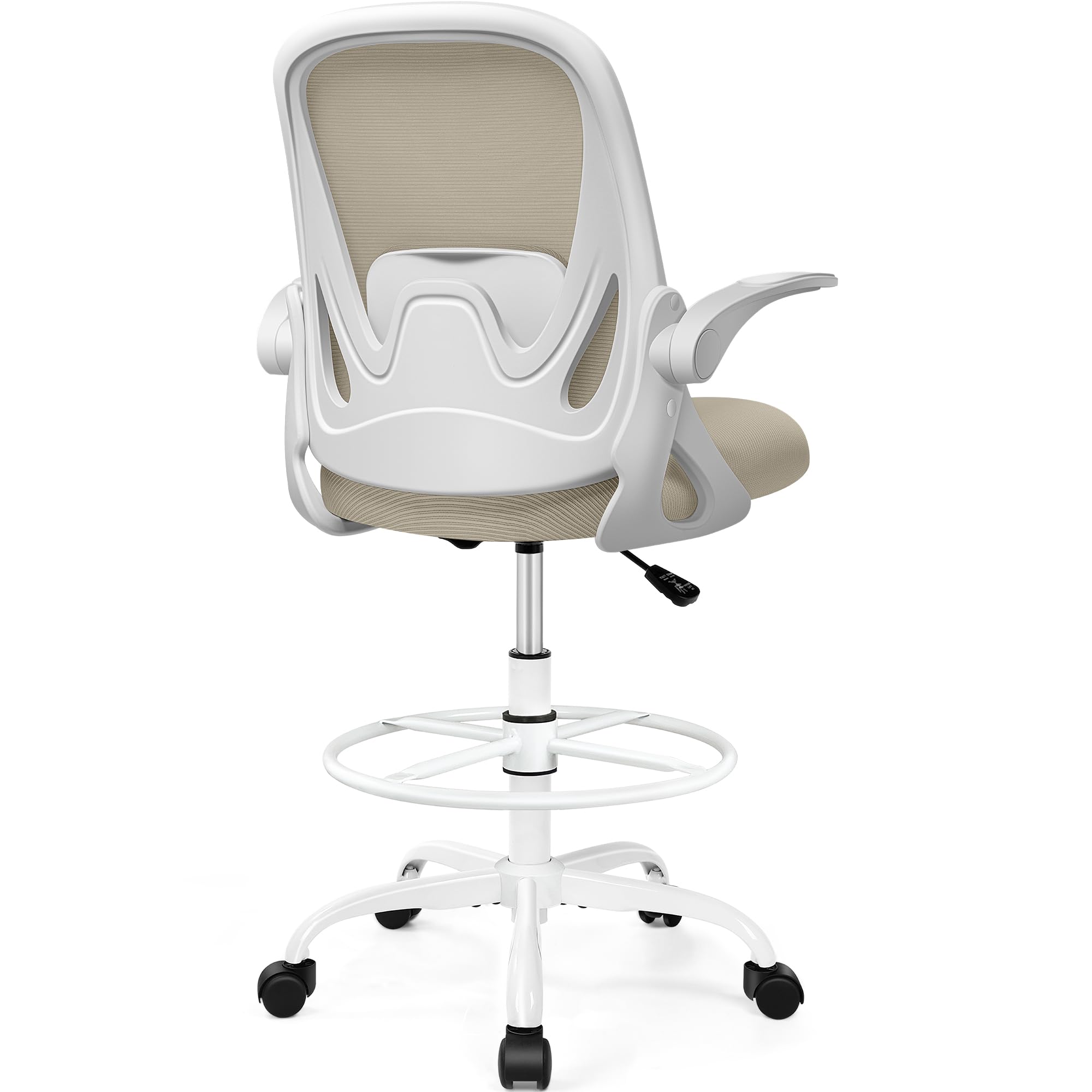 Photo 1 of ***MINOR DAMAGED*** Drafting Chair Tall Office Chair with Flip-up Armrests, Adjustable Height, and Enhanced Lumbar Support - Ergonomic Rolling Stool, Back Support, and Adjustable Foot Rest Ring for Standing Desk Khaki
