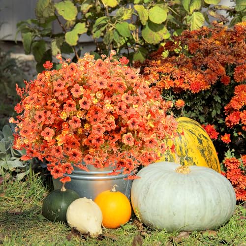 Artificial Fall Flowers Faux mums for Outdoor Indoor Garden Home Decoration, Faux Flower Daisy with Eucalyptus Leaves Fake Mums Plants Greenery Boxwood Porch Patio, 16 Bundles (Artificial Mums)