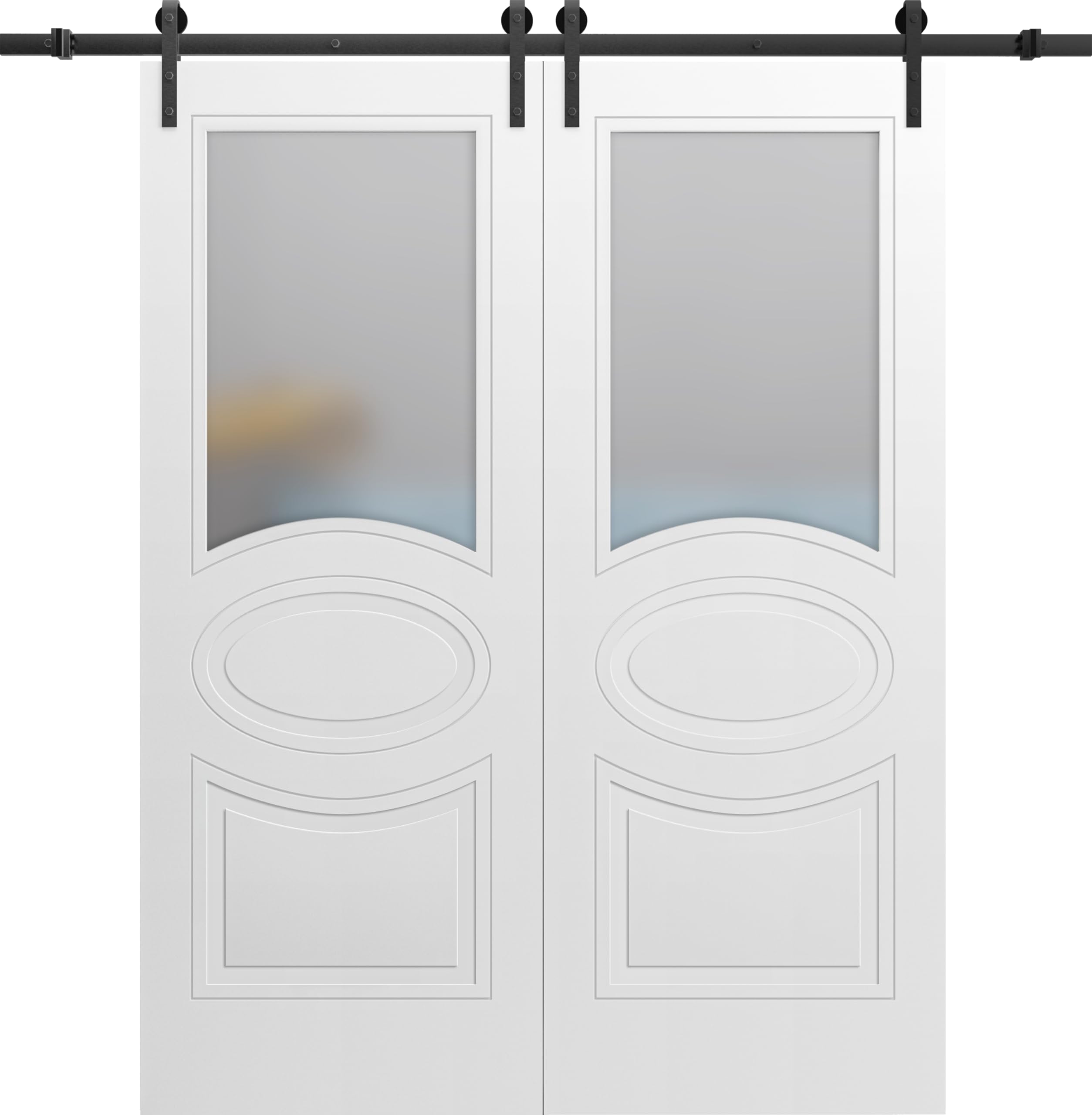 VDOMDOORS Modern Double Barn Door 48 x 96 inches with Opaque Glass/Mela 7012 Matte White / 13 feet Rail Track Set/Solid Panel Interior Doors