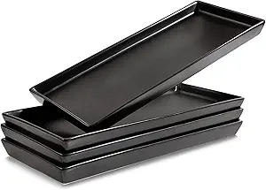 Matte Black Ceramic Serving Platters (14 x 6 Inch Rectangle Plates) Serving Dishes for Entertaining, Food, Appetizers, Desserts, Cheese Board, Charcuterie, Sushi - Set of 4 Party Trays