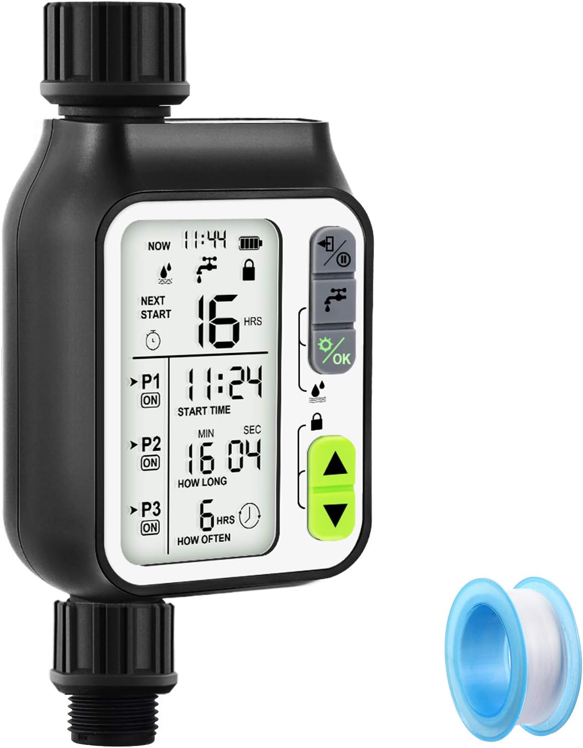 OneBom Water Timer Programmable, Digital Watering Timer 2nd Generation Upgraded,Sprinkler Hose Timer + Teflon Tape with 3 Separate Programmer, Rain Sensor,for Garden Drip Irrigation
