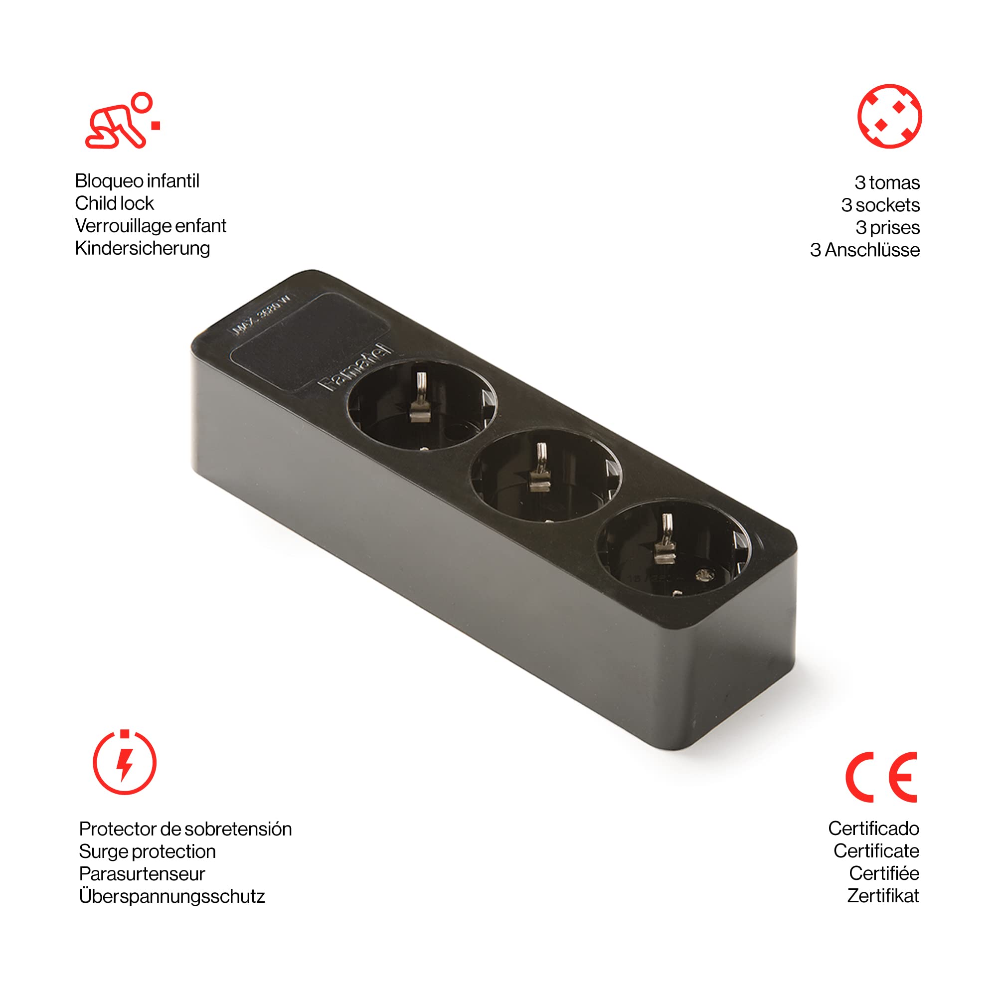 FAMATEL – Regleta de 3 tomas | Sin Cable | Hasta 3680W | 16A | 250V | Protección Infantil | Orientación tomas a 45o | Evita consumos fantasma | Negro