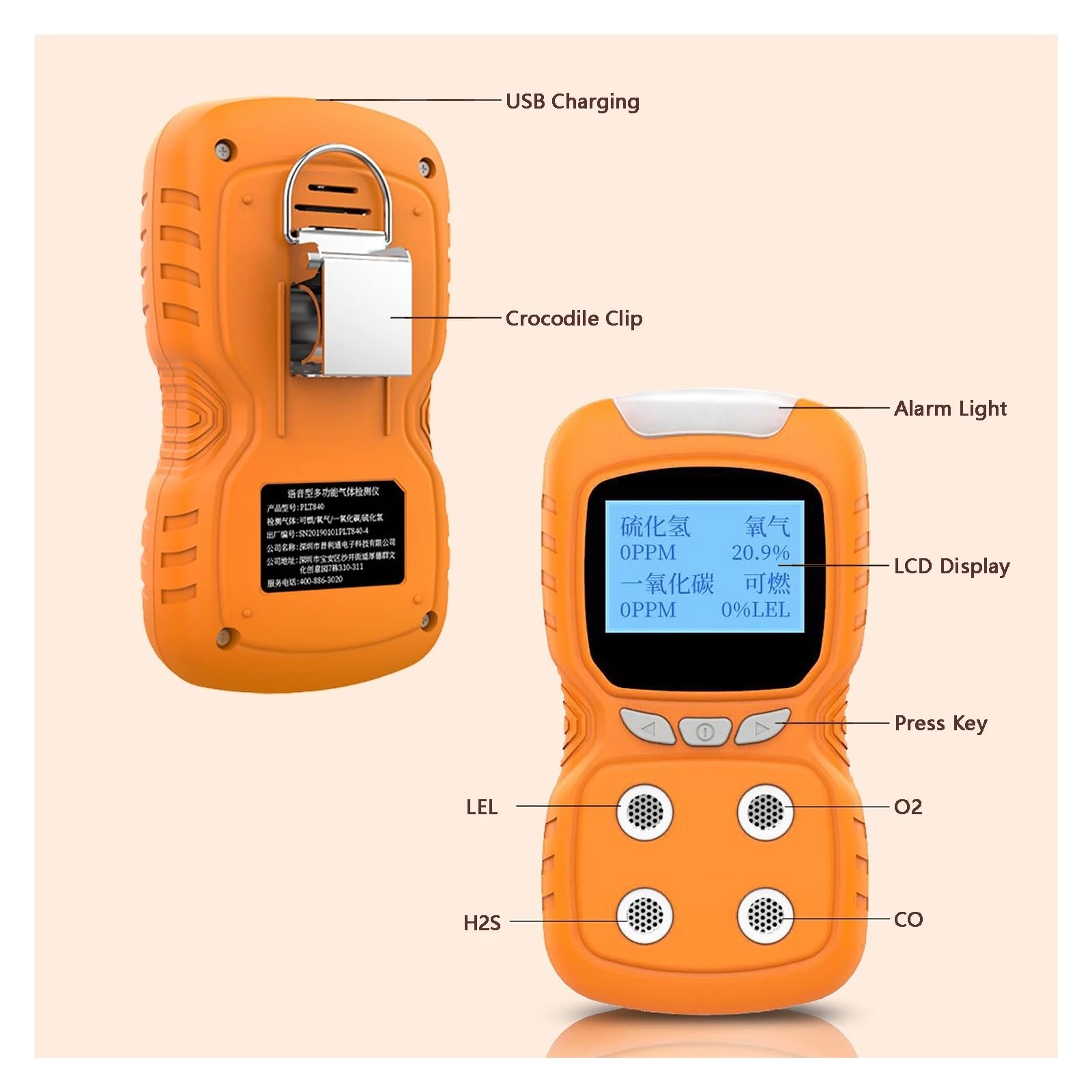 Détecteur De Gaz Portable, Analyseur Testeur Compteur Moniteur À Pince 4, Test Qualité L'air Choc Lumière Sonore D'écran LCD Rechargeable(Orange)