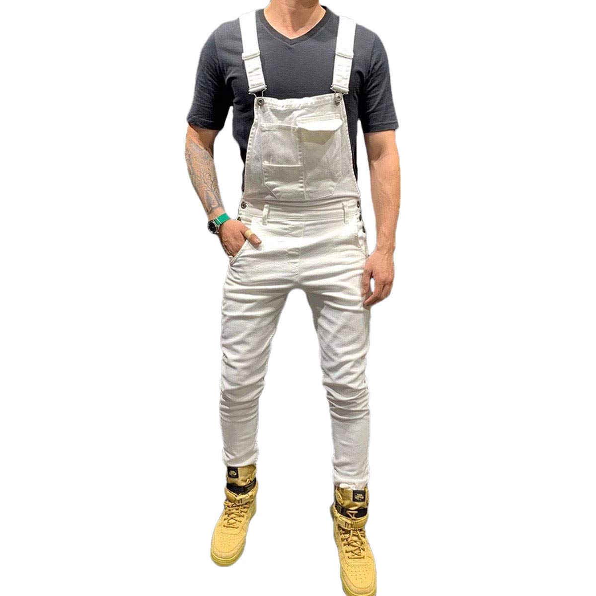 Femereina Men's White Denim Dungarees Distressed Bib Jumpsuits Overalls Romper For Carpenter Moto Biker Coveralls Suspender Jeans (, S)