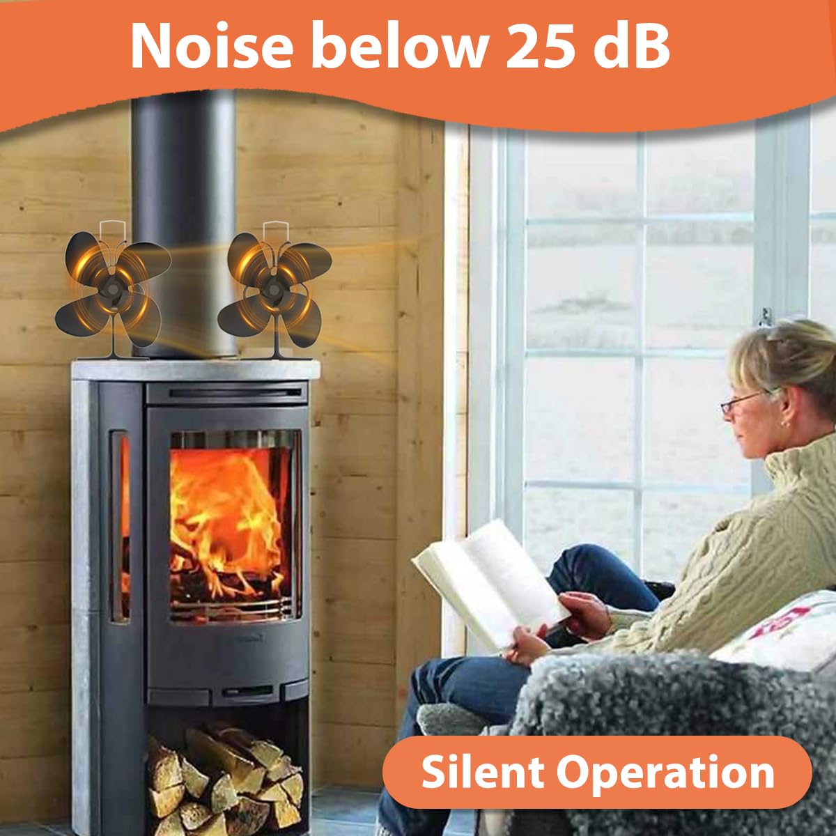 Ventilateur Poele à Bois, 4 Pales Ventilateur Cheminée,Ventilateur de Poêle avec Theromètre, écologique, Répartition Efficace de La Chaleur pour Brûleurs à Bois et Cheminée