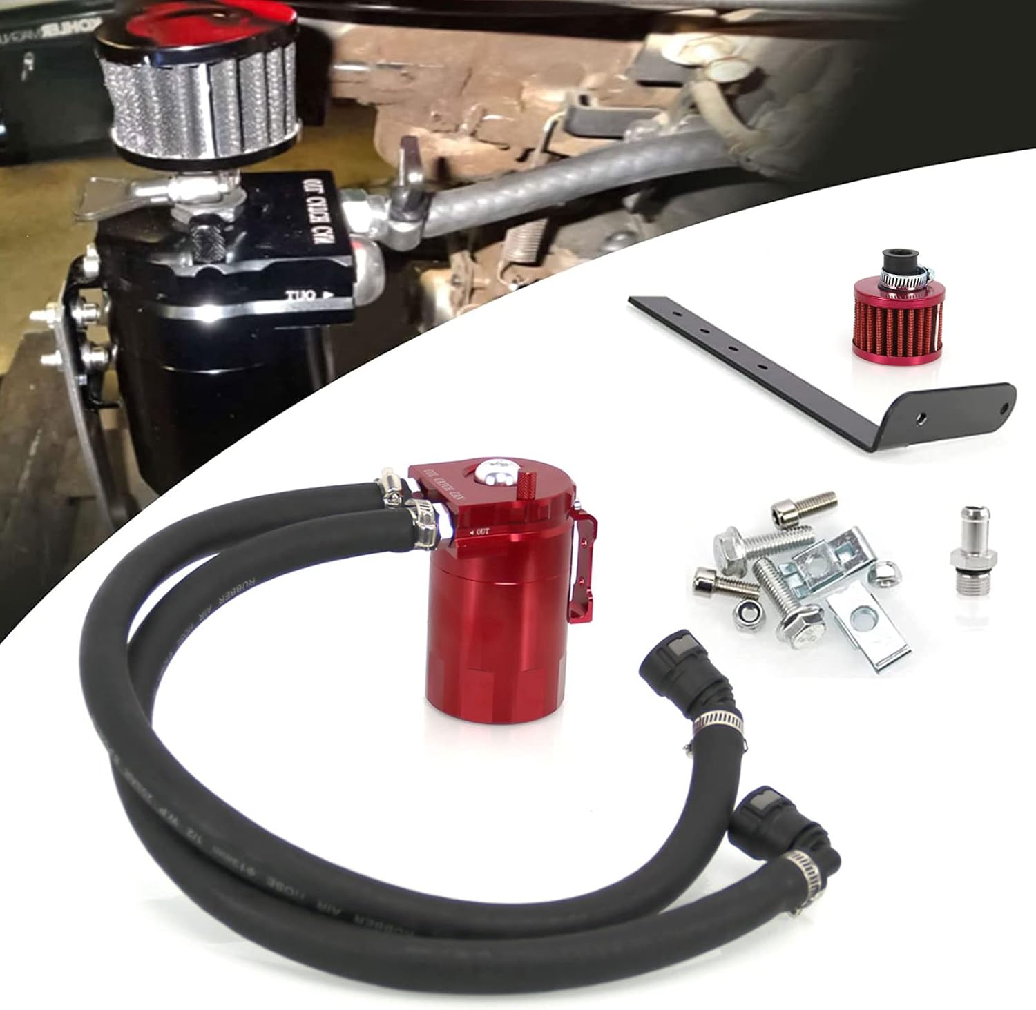 RULLINE Oil Catch Can Kit Oil Separator Reservoir Tank Engine Polish Baffled Compatible with 2011-2019 Ford F150 2.7EB 3.5EB 5.0 Passenger Side with Breather Filter Red 400ml