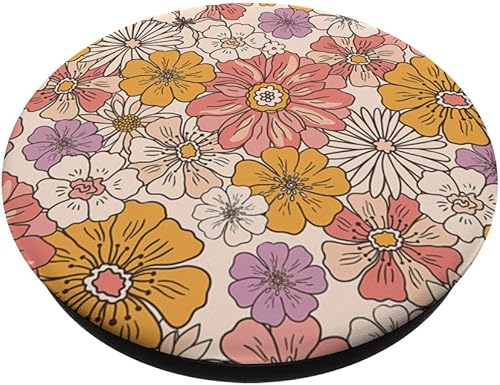 Miniatura 2 de PopSockets PopSockets Estándar PopGrip de los años 70 con diseño de flores retro, color durazno, naranja y rosa