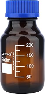 Labasics Frascos de Almacenamiento para Reactivos y Medios, 1 Pack Frascos Redondos Graduados de Vidrio Ámbar para Almacenamiento de Reactivos y Medios en Laboratorio con Tapa Azul de Rosca, 250 ml