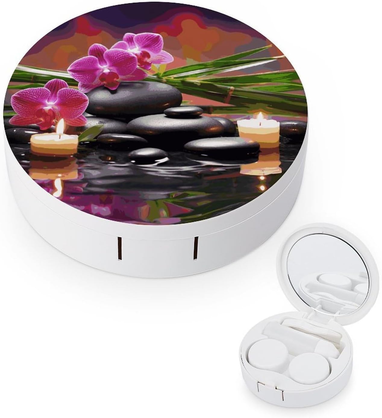 Flowers in Fountain Massage Stones And Bamboo Contact Lens Case Portable, Eyeglasses Case with Built-in Mirror, Contact Lens Box with Tweezers And Solution Bottle for Daily Outdoor (Round)