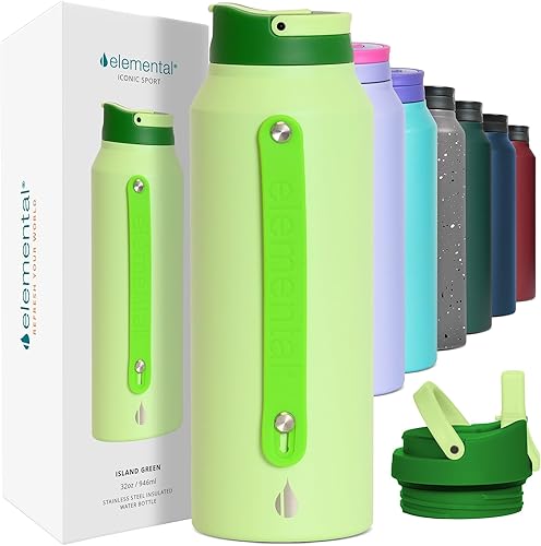 Vista 66 de Elemental Botella de agua icónica de acero inoxidable con pajilla, 32 onzas, a prueba de fugas, triple pared, aislada, para viajes y deportes, Azul