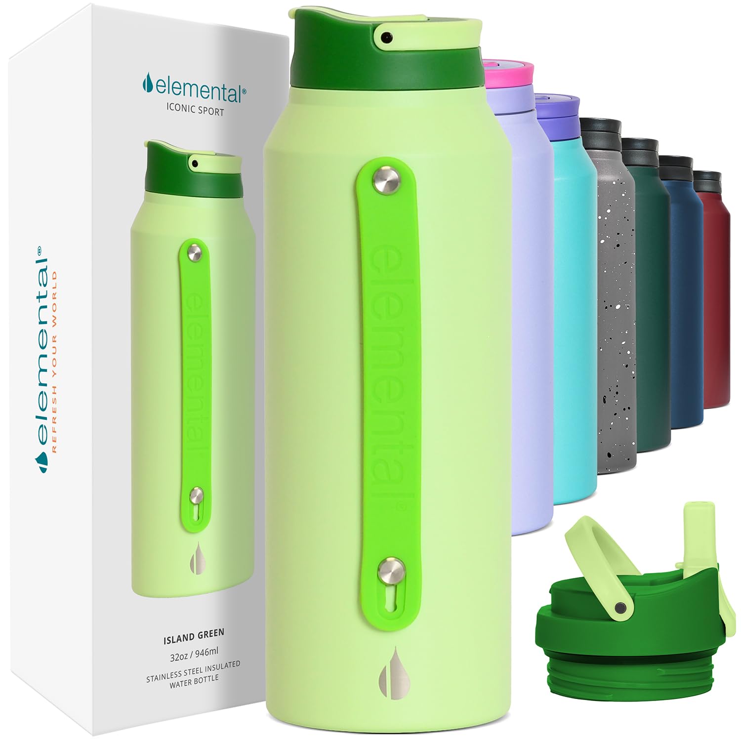 Elemental Iconic Borraccia in acciaio inox con cannuccia, borraccia termica a tripla parete a prova di perdite, per viaggi e sport, riutilizzabile, da palestra, con 2 cannucce, colore verde isola
