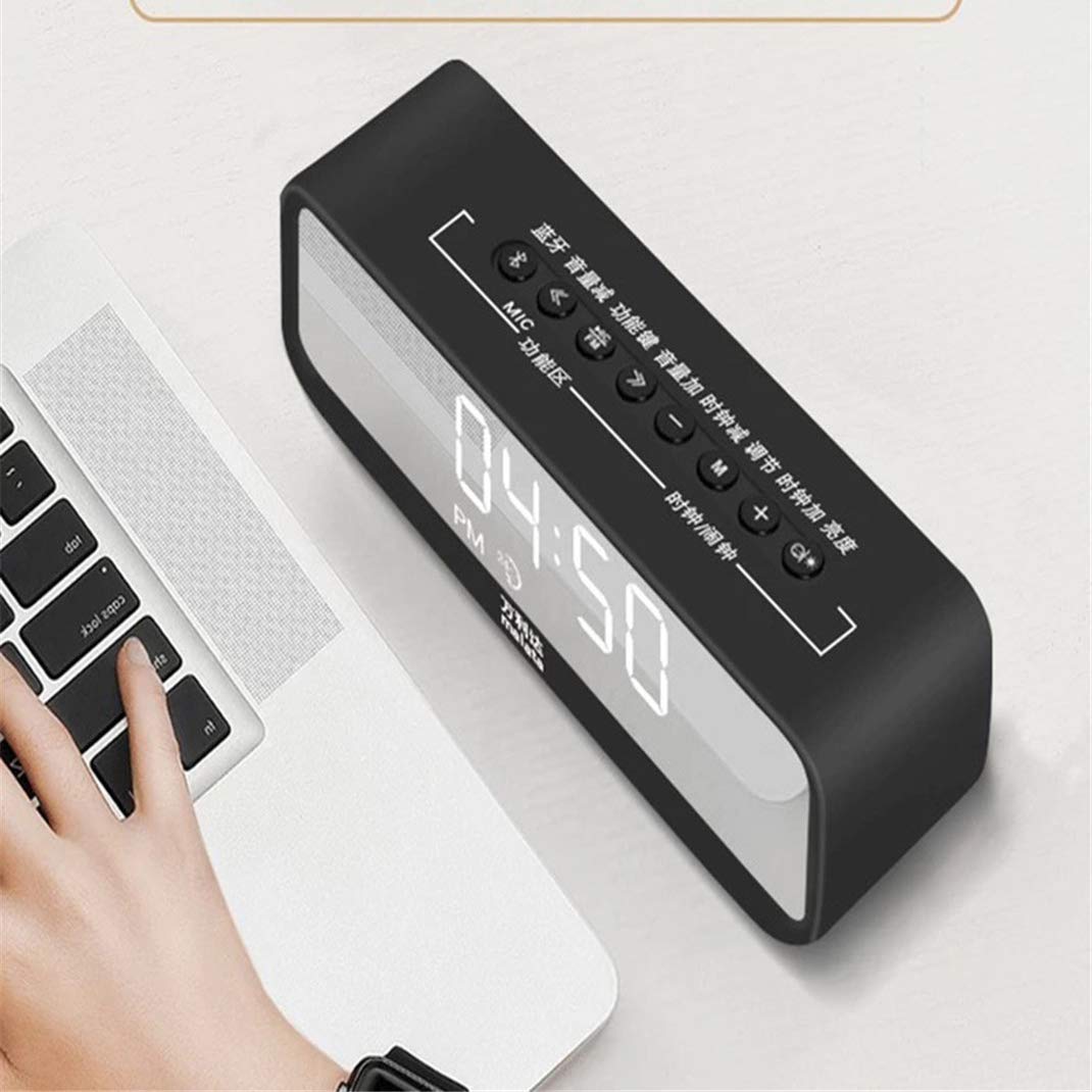 Mini Altavoz inalámbrico Bluetooth Reloj Despertador con Espejo Inteligente, Radio FM, Ajuste de Brillo, Reloj Despertador de Escritorio, repetición, Ajuste de Brillo, Rosa (Negro) (Negro)