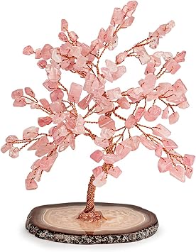 KARMA AND LUCK, Love Harmony Oasis, Real Rose Quartz Crystal Feng Shui Tree Home Decor, Wrapped with Copper on Agate Base, Handmade in Bali, Small 6