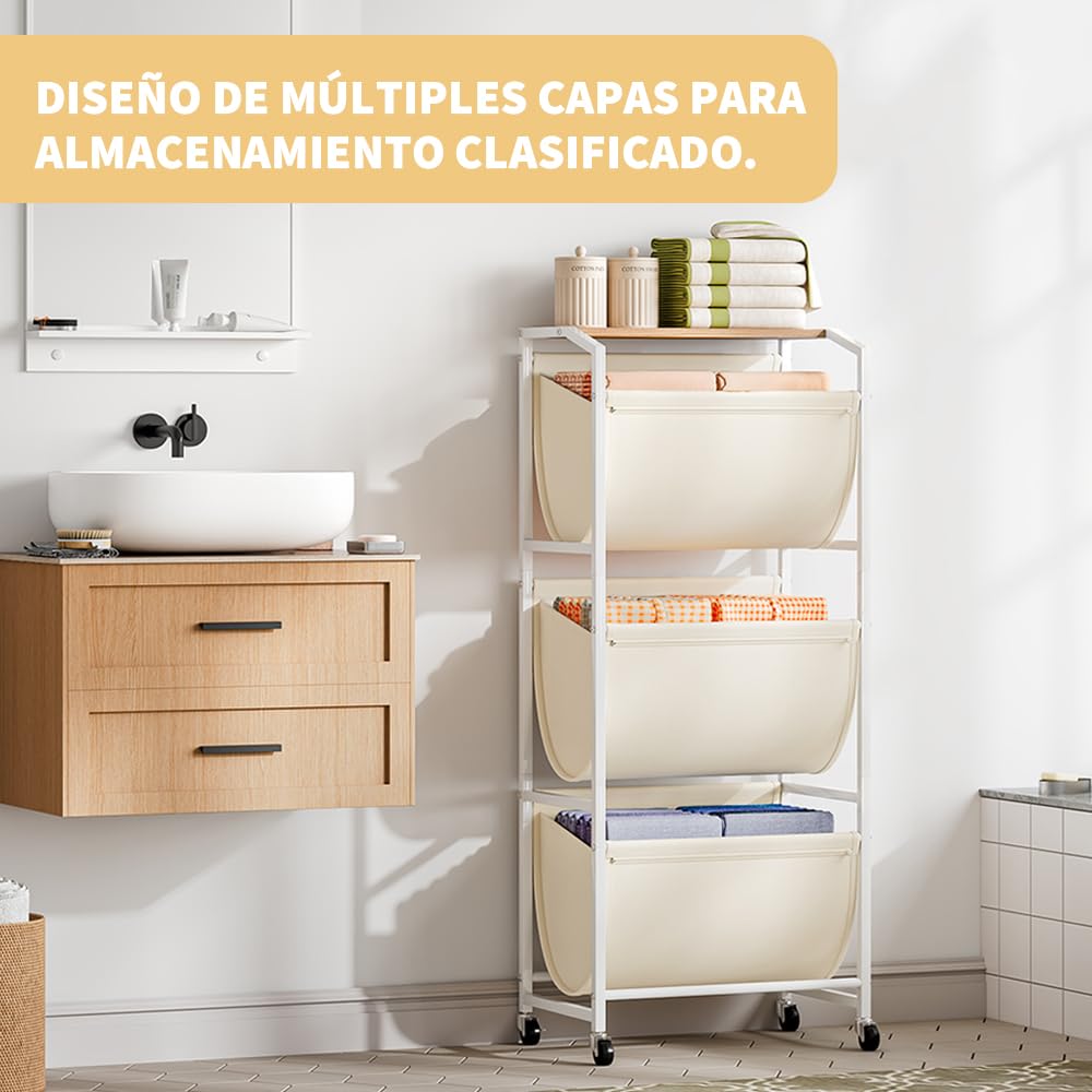 Cesto per biancheria sporca con ruote, organizer per la biancheria a 3 livelli con 3 sacchetti in tessuto rimovibili, classificatore per vestiti da 120 l, scaffale verticale salvaspazio per bagno