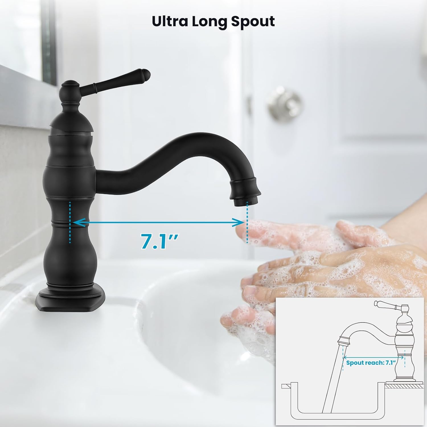 gotonovo Bathroom Sink Faucet 1 Hole Single Handle Lavatory Vanity Faucet 360° Swivel Spout Basin Mixer Tap Matching Pop Up Drain with Overflow, 7.1 Inch Spout Reach, Matte Black