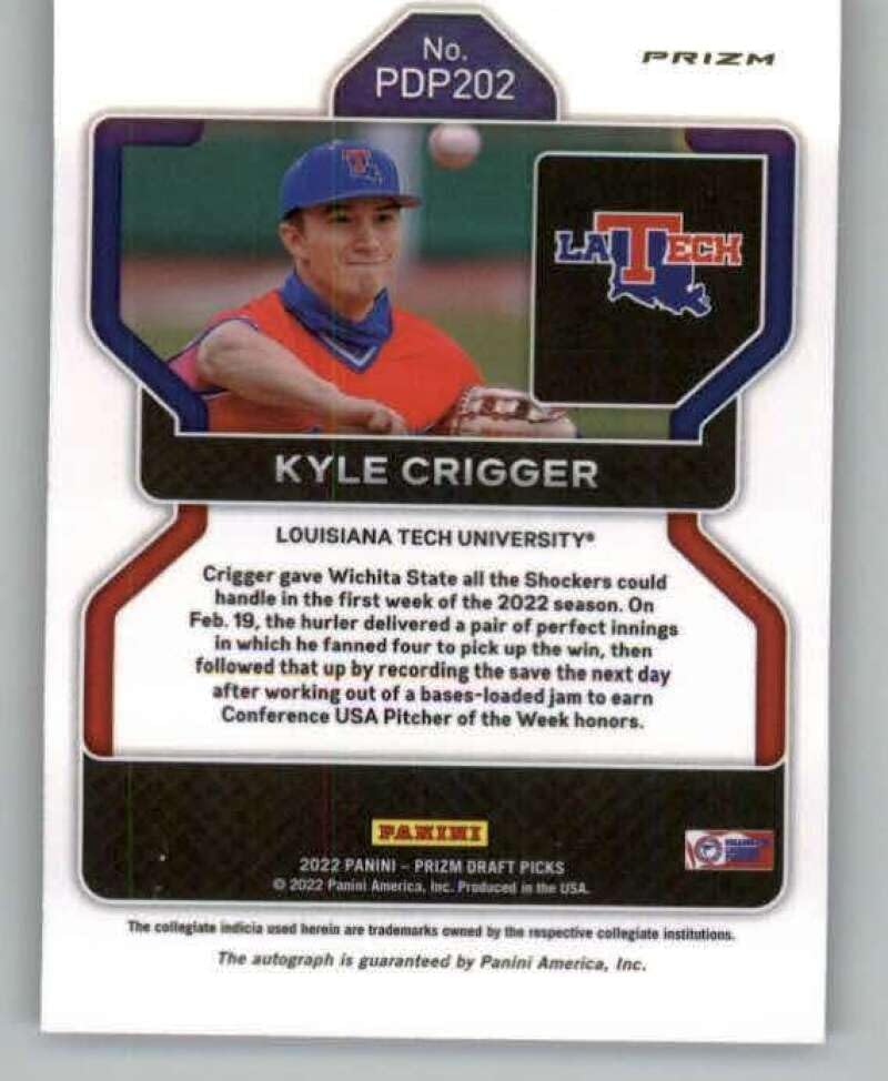 Miniatura 2 de 2022 Panini Prizm Draft Picks Prizms Neon Pink Velocity #202 Kyle Crigger RC Rookie Louisiana Tech Bulldogs Baseball Trading Card
