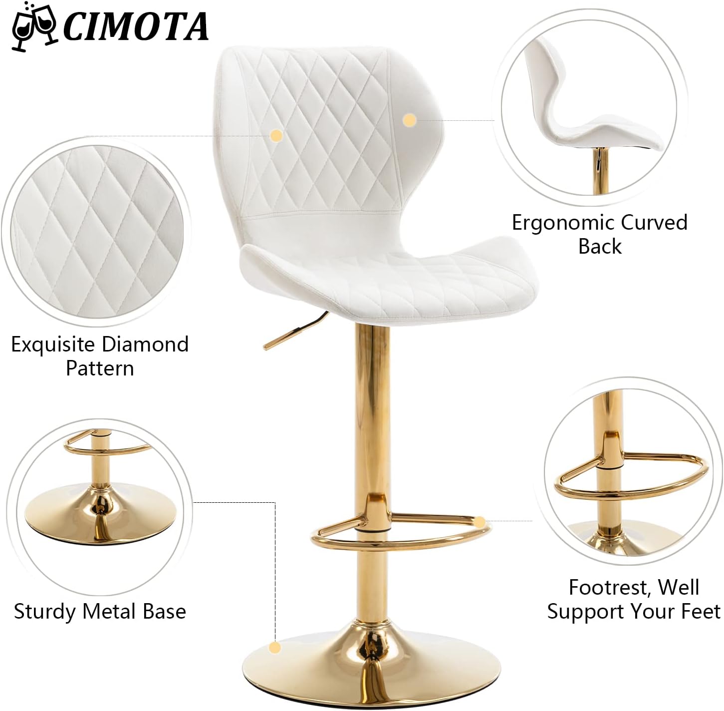 CIMOTA Velvet White Bar Stools Set of 2 Swivel Barstools Counter Height Bar Chairs with Back/Gold Base Modern Adjustable Stool Chair for Kitchen Island/Dining Room, (23.6 to 31.5 Inch/Cream White)