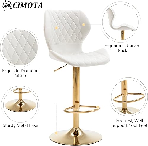 Miniatura 4 de CIMOTA Juego de 2 taburetes de bar giratorios de terciopelo blanco, sillas de bar de altura de mostrador con respaldo/base dorada, silla moderna