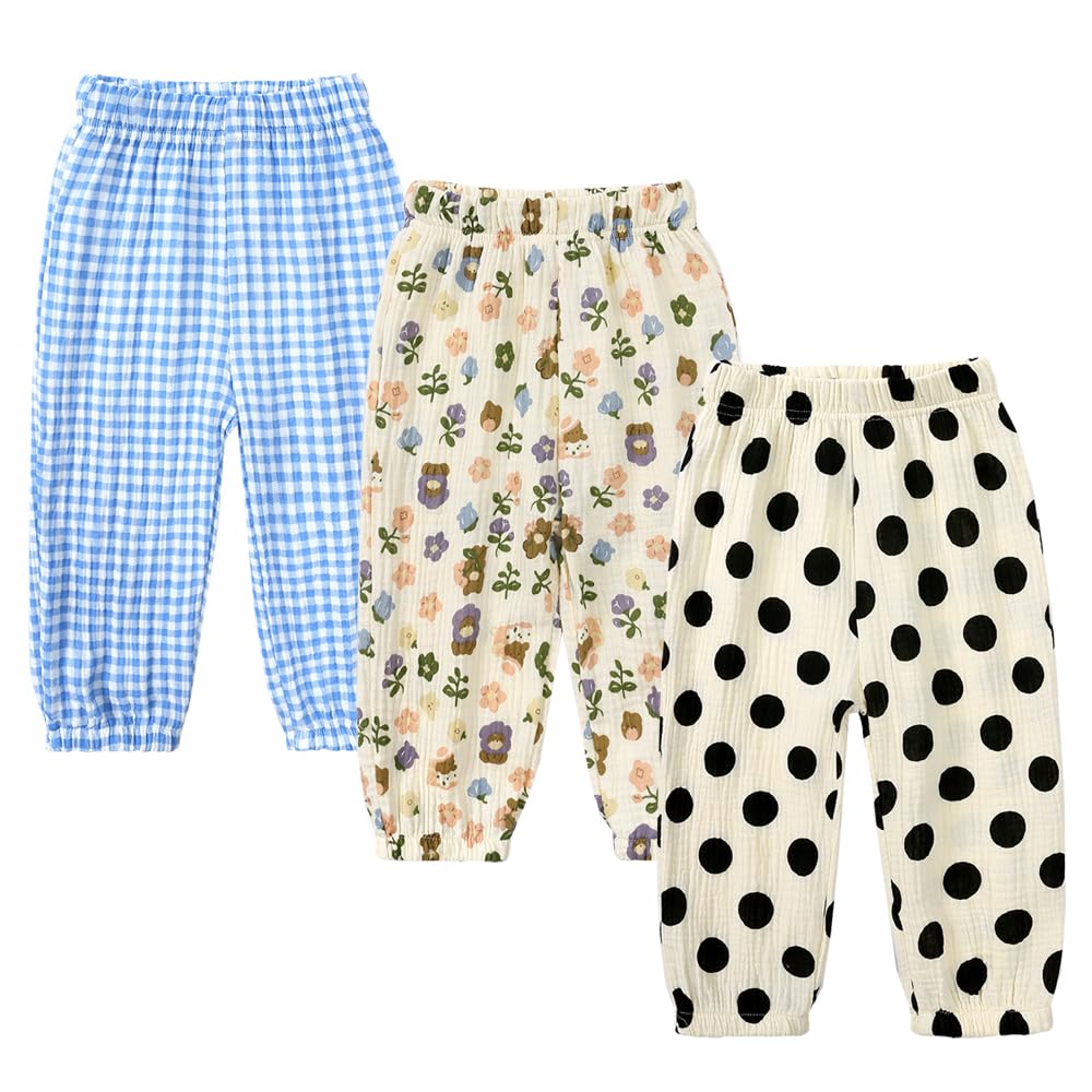 Kids Tales 3 Pack Boys Girls Cotton Linen Pants Child Basic Plain Solid Trousers Big Kids Elastic Waist Long Pants Bloomers