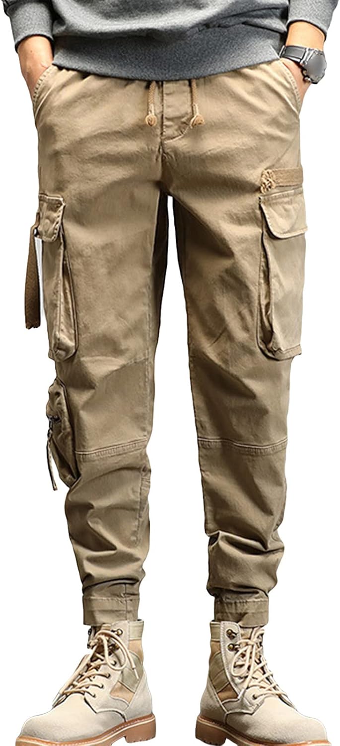 JEsilunmaMY Men's Multi-Pocket Slacks Elastic Waist Casual Loose Cotton Cargo Pants Athletic Workout Running Lounge Pants