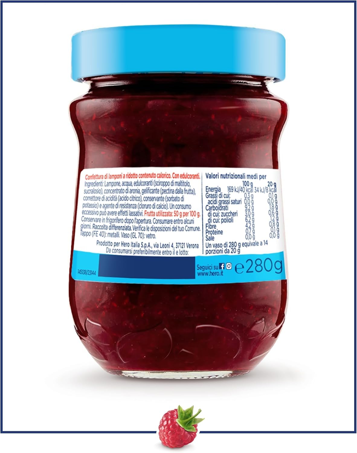 Hero Light Light Lot de 8 bocaux de confiture de framboises 280 g, de confiture et de confiture supplémentaire, fruits de haute qualité, sans conservateurs et sans colorants, Italian Gourmet polpa 400