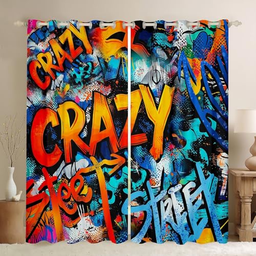 Castle Fairy Trippy Curtains for Boys Bedroom,Kids Colorful Graffiti Room Decor Curtain 84W x 90L Inches,Teens Rock Music Sports Window Treatments Drapes with Grommets 2 Panels Set