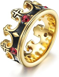 Mens Womens Stainless Steel Vintage Royal King Crown Ring Cross Band Ruby Black Gemstone