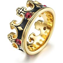 Mens Womens Stainless Steel Vintage Royal King Crown Ring Cross Band Ruby Black Gemstone