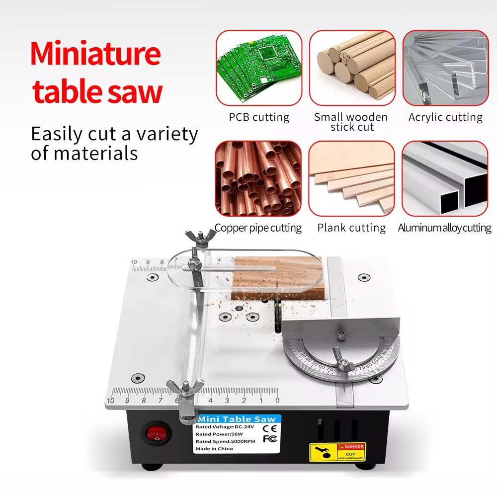 Mini Tischkreissäge, 7-Gang-Netzteil Einstellbarer,Tischkissägen Tragbare Präzisions Table Saw 0,1-15mm Sägeblatt Hönverstellbarer (Silver)