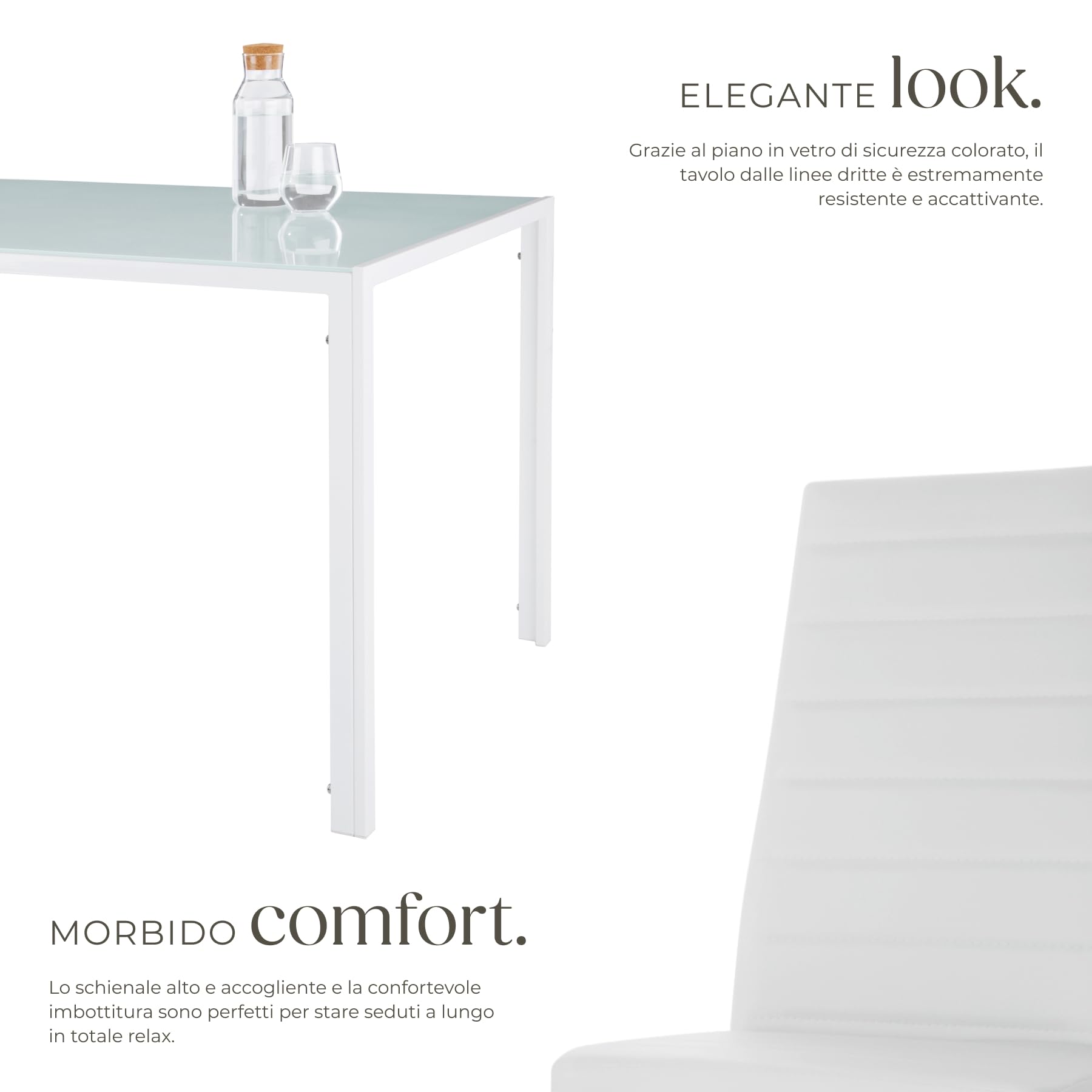 TecTake® Set di Mobili per Sala da Pranzo, 6 Sedie in Similpelle Resistente, Tavolo con Piano in Vetro, Design Moderno, Piedini SalvaPavimento, Ideale per Cucina e Soggiorno - Bianco