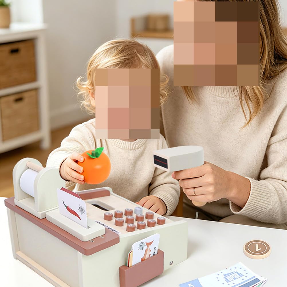 Juguete de caja registradora de madera, simulación de caja de supermercado | Set de Juego de Supermercado para Niños, Juguete de Dinero de Juego, Juego de Rol de Compras