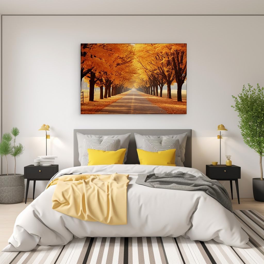 Canvas for Living room. Autumn's Embrace on a Lonely Country Road, 27 x 18 inch Canvas Wall Art - Contemporary Masterpieces - Modern Home Decor