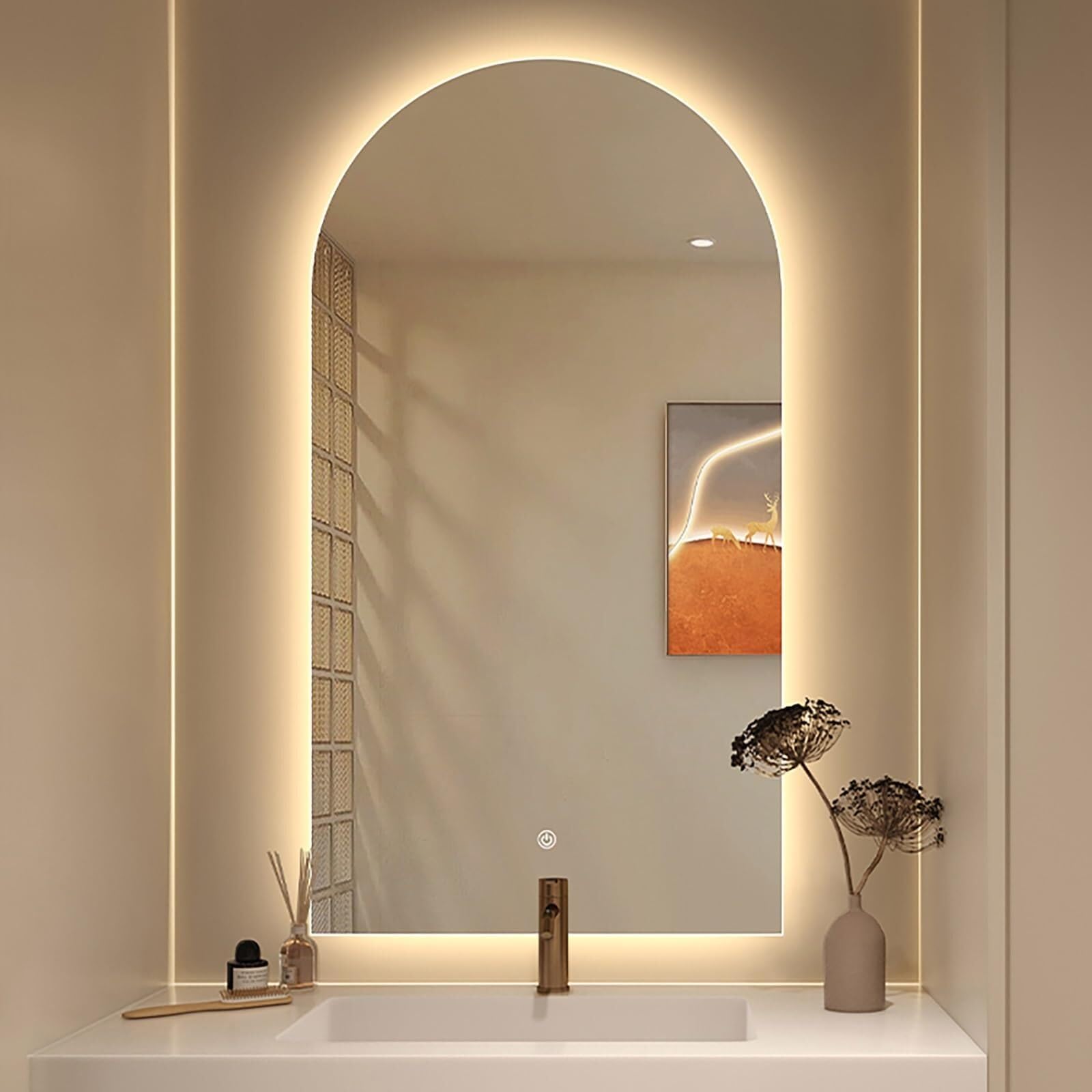 WQZzjm Irregular Arch LED Backlit Bathroom Mirror, eless Wall Mirror, HD Vanity Mirror with 3 Color Lighting, Touch Switch, Decorative Mirror for Modern Home Decor (40x70cm/15.7x27.6in)