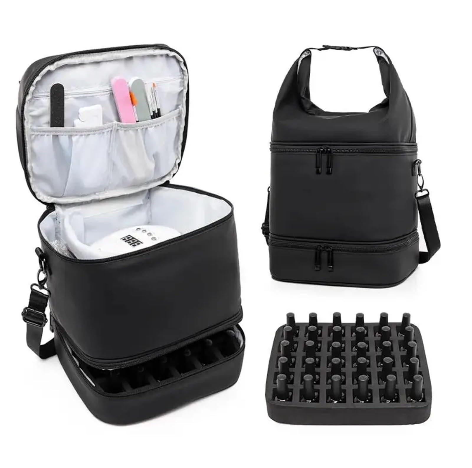 Sac de Rangement Vernis à Ongles, organisateurs et Mallette, Porte-Outils Nail Art Double Couche, Sac Pochettes séparateur pour Ranger Les Accessoires de Nail Art(Black)