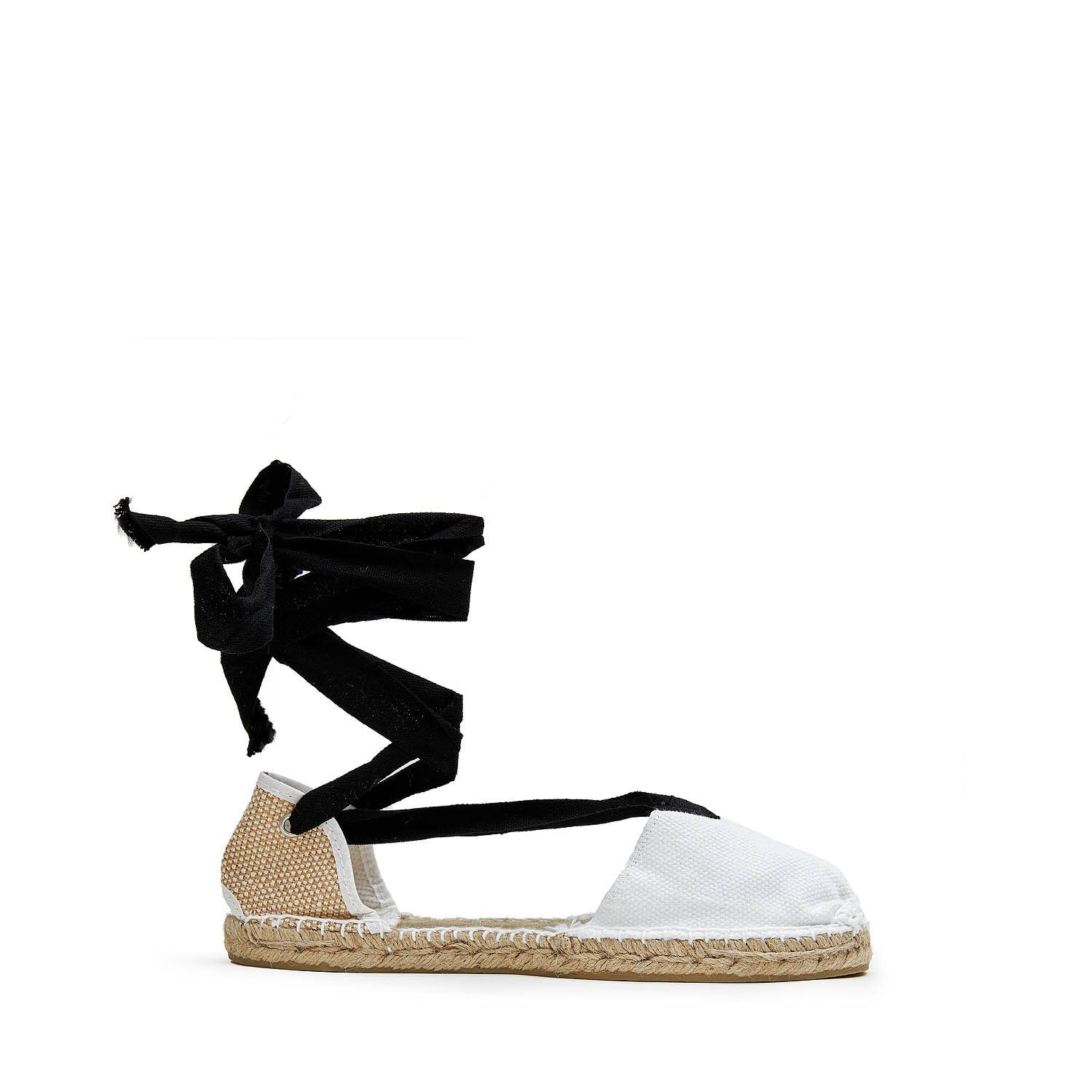 Alpargatas Valencianas Planas con Cintas Espardeñas Regionales Unisex, Suela de Yute, Blanco con Cintas Negras, Tallas 17-46