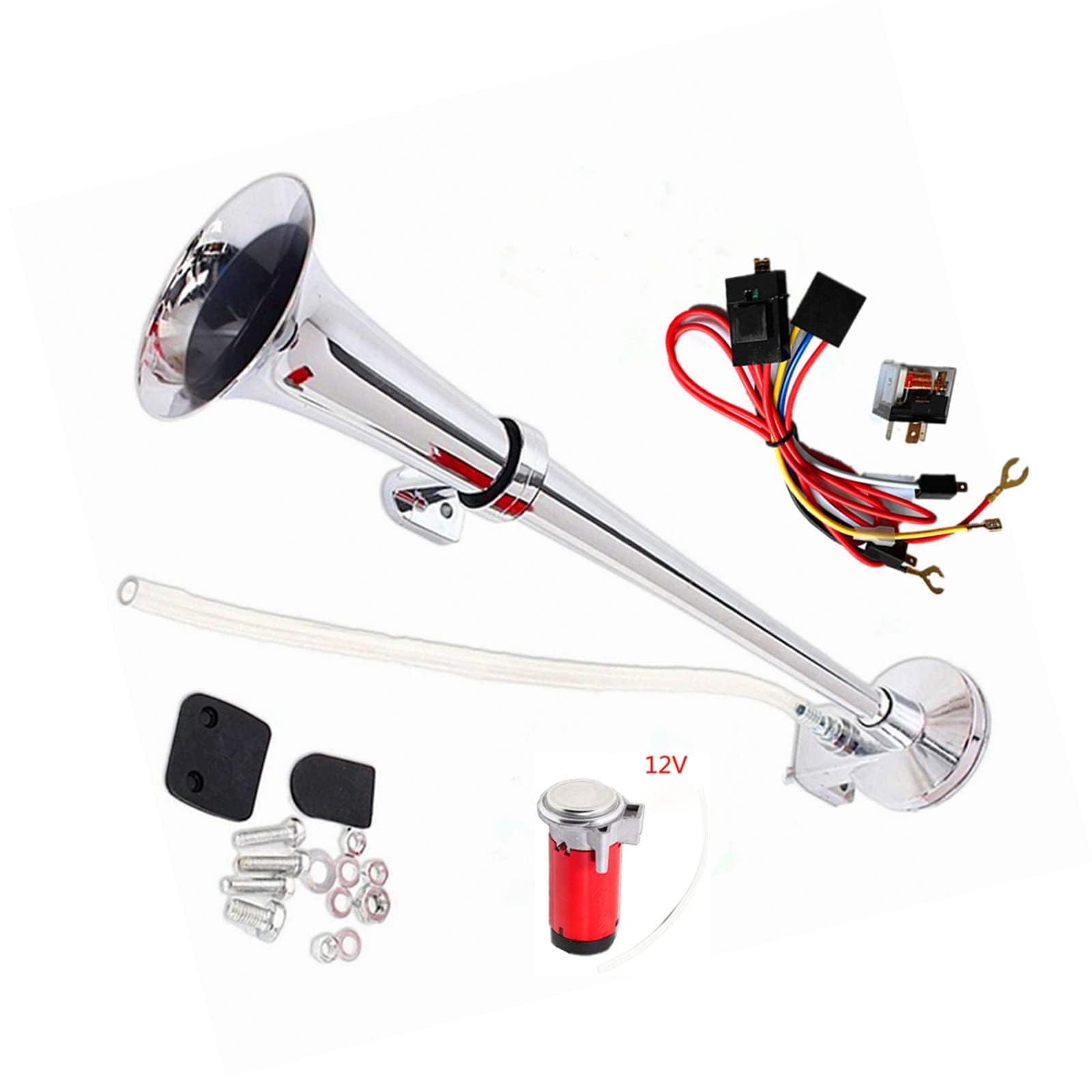Klaxon de Voiture Chrome Zinc 150DB 45cm Trompette Simple Avec Compresseur de Pompe à Air Rouge Pour 24V Camion Bateau